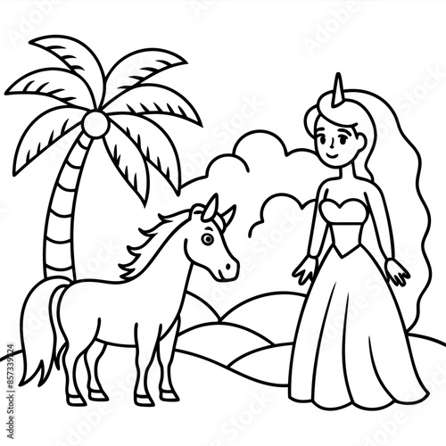 Cute princess cuddles with a unicorn. Coloring book page with colorful template for kids. Isolated illustration. For coloring book