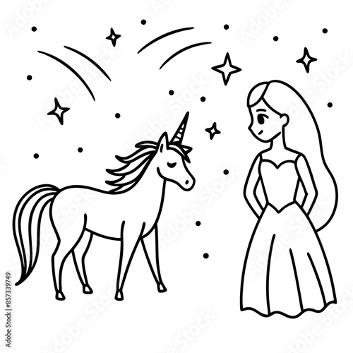 Cute princess cuddles with a unicorn. Coloring book page with colorful template for kids. Isolated illustration. For coloring book