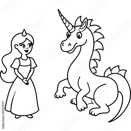 Cute princess cuddles with a unicorn. Coloring book page with colorful template for kids. Isolated illustration. For coloring book