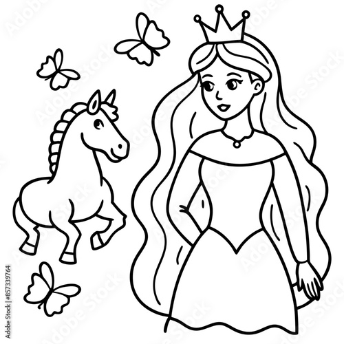Cute princess cuddles with a unicorn. Coloring book page with colorful template for kids. Isolated illustration. For coloring book