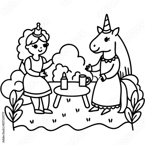 Cute princess cuddles with a unicorn. Coloring book page with colorful template for kids. Isolated illustration. For coloring book