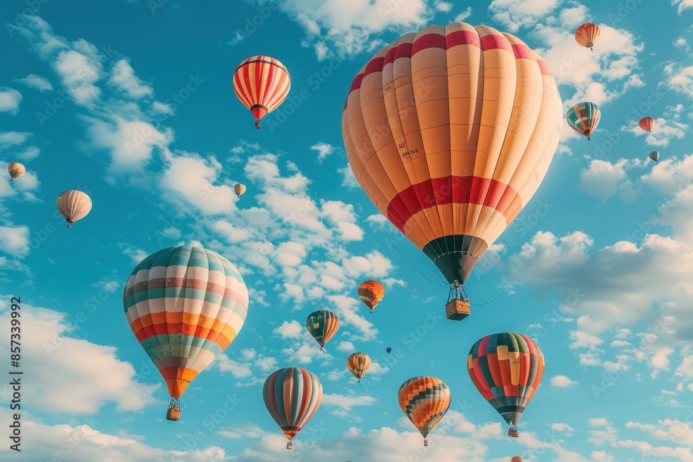 A hot air balloon festival with numerous balloons in various colors and patterns floating in the sky. A hot air balloon festival with numerous balloons in various colors and patterns floating in the sky.