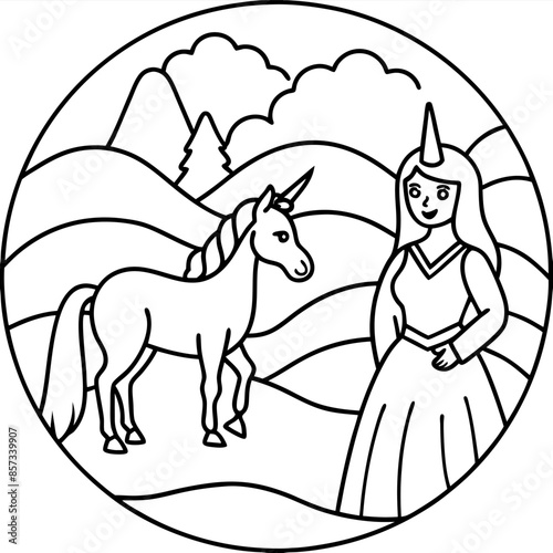 Cute princess cuddles with a unicorn. Coloring book page with colorful template for kids. Isolated illustration. For coloring book
