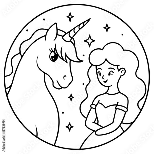 Cute princess cuddles with a unicorn. Coloring book page with colorful template for kids. Isolated illustration. For coloring book