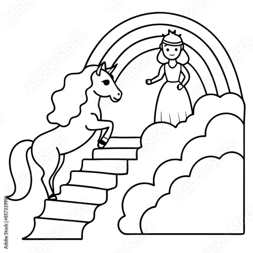 Cute princess cuddles with a unicorn. Coloring book page with colorful template for kids. Isolated illustration. For coloring book
