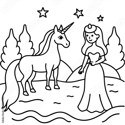 Cute princess cuddles with a unicorn. Coloring book page with colorful template for kids. Isolated illustration. For coloring book