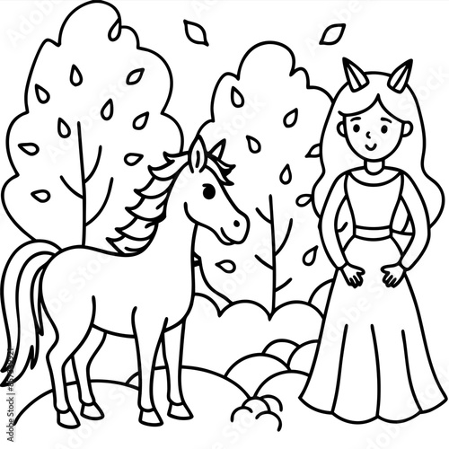 Cute princess cuddles with a unicorn. Coloring book page with colorful template for kids. Isolated illustration. For coloring book