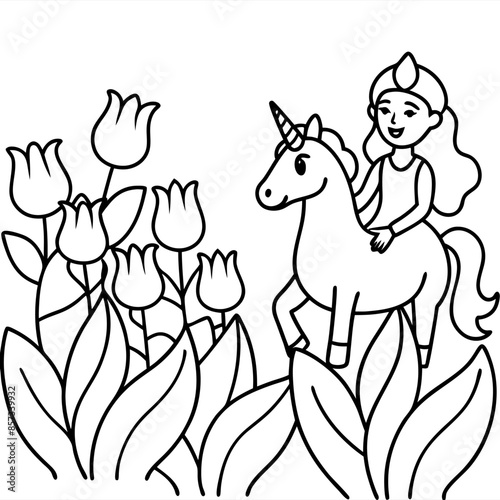 Cute princess cuddles with a unicorn. Coloring book page with colorful template for kids. Isolated illustration. For coloring book