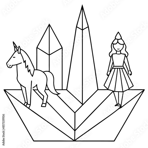 Cute princess cuddles with a unicorn. Coloring book page with colorful template for kids. Isolated illustration. For coloring book