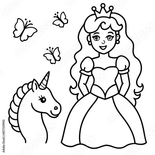 Cute princess cuddles with a unicorn. Coloring book page with colorful template for kids. Isolated illustration. For coloring book
