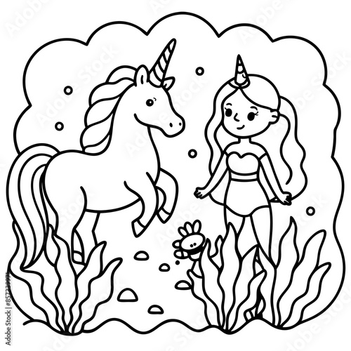 Cute princess cuddles with a unicorn. Coloring book page with colorful template for kids. Isolated illustration. For coloring book