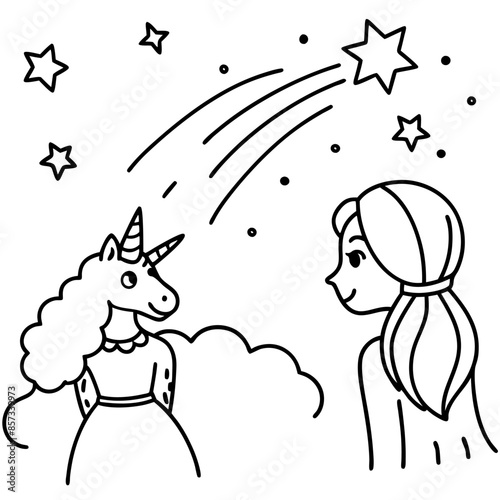 Cute princess cuddles with a unicorn. Coloring book page with colorful template for kids. Isolated illustration. For coloring book