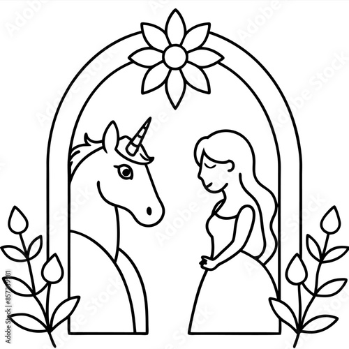 Cute princess cuddles with a unicorn. Coloring book page with colorful template for kids. Isolated illustration. For coloring book