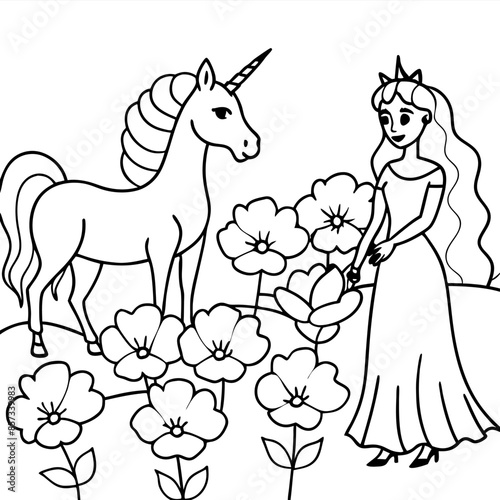 Cute princess cuddles with a unicorn. Coloring book page with colorful template for kids. Isolated illustration. For coloring book