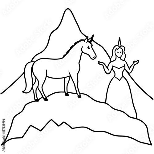 Cute princess cuddles with a unicorn. Coloring book page with colorful template for kids. Isolated illustration. For coloring book