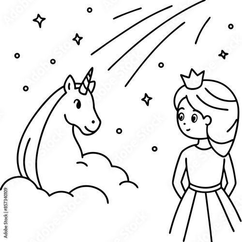 Cute princess cuddles with a unicorn. Coloring book page with colorful template for kids. Isolated illustration. For coloring book