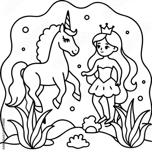 Cute princess cuddles with a unicorn. Coloring book page with colorful template for kids. Isolated illustration. For coloring book