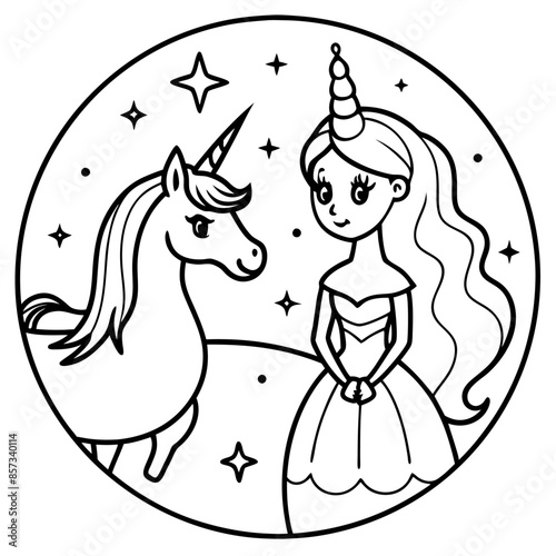 Cute princess cuddles with a unicorn. Coloring book page with colorful template for kids. Isolated illustration. For coloring book