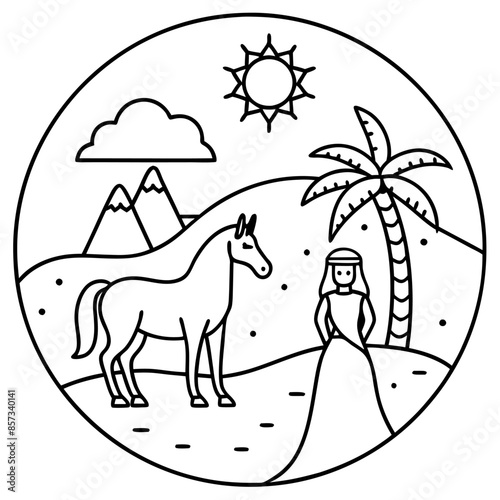 Cute princess cuddles with a unicorn. Coloring book page with colorful template for kids. Isolated illustration. For coloring book