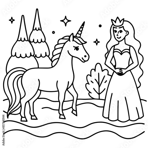 Cute princess cuddles with a unicorn. Coloring book page with colorful template for kids. Isolated illustration. For coloring book