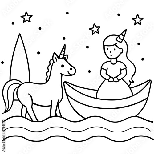 Cute princess cuddles with a unicorn. Coloring book page with colorful template for kids. Isolated illustration. For coloring book