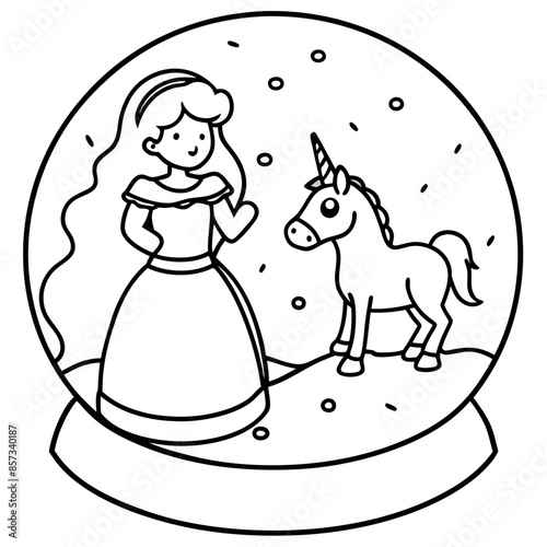 Cute princess cuddles with a unicorn. Coloring book page with colorful template for kids. Isolated illustration. For coloring book