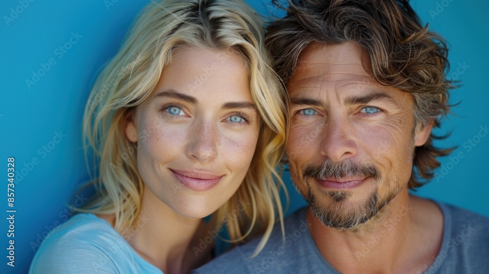 Close-up portrait of a couple with blue eyes, smiling gently at the camera Close-up portrait of a couple with blue eyes, smiling gently at the camera