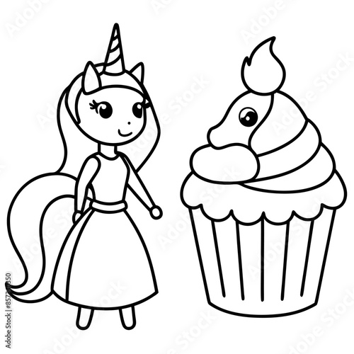 Cute princess cuddles with a unicorn. Coloring book page with colorful template for kids. Isolated illustration. For coloring book