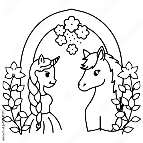 Cute princess cuddles with a unicorn. Coloring book page with colorful template for kids. Isolated illustration. For coloring book