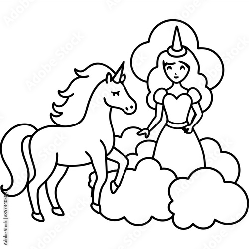 Cute princess cuddles with a unicorn. Coloring book page with colorful template for kids. Isolated illustration. For coloring book