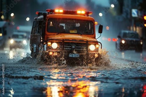 Emergency Vehicle Navigating Flooded Street at Night