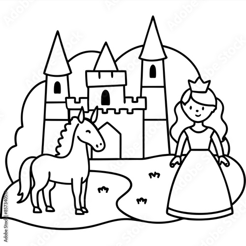 Cute princess cuddles with a unicorn. Coloring book page with colorful template for kids. Isolated illustration. For coloring book