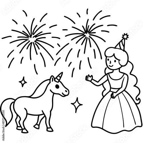 Cute princess cuddles with a unicorn. Coloring book page with colorful template for kids. Isolated illustration. For coloring book