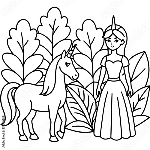 Cute princess cuddles with a unicorn. Coloring book page with colorful template for kids. Isolated illustration. For coloring book