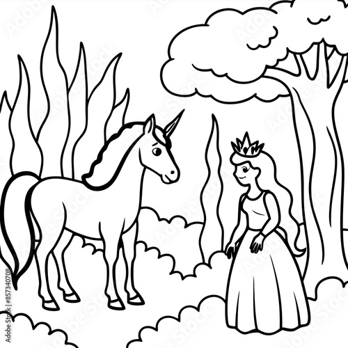 Cute princess cuddles with a unicorn. Coloring book page with colorful template for kids. Isolated illustration. For coloring book