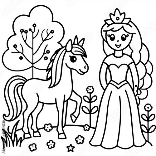 Cute princess cuddles with a unicorn. Coloring book page with colorful template for kids. Isolated illustration. For coloring book