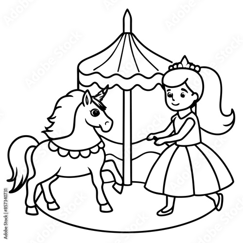 Cute princess cuddles with a unicorn. Coloring book page with colorful template for kids. Isolated illustration. For coloring book