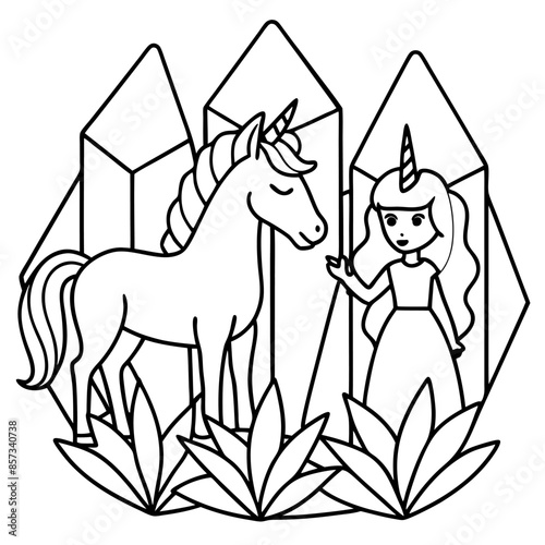 Cute princess cuddles with a unicorn. Coloring book page with colorful template for kids. Isolated illustration. For coloring book