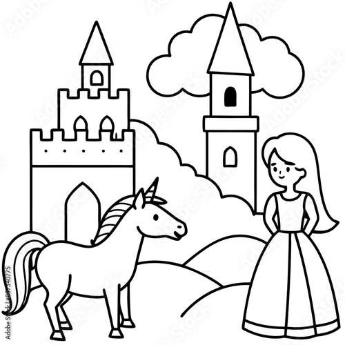 Cute princess cuddles with a unicorn. Coloring book page with colorful template for kids. Isolated illustration. For coloring book