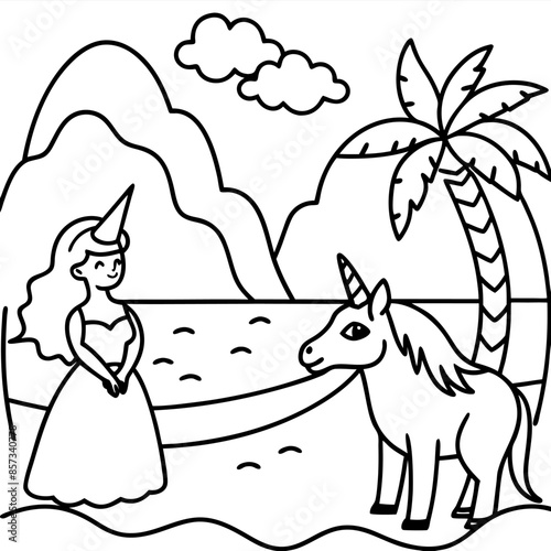Cute princess cuddles with a unicorn. Coloring book page with colorful template for kids. Isolated illustration. For coloring book