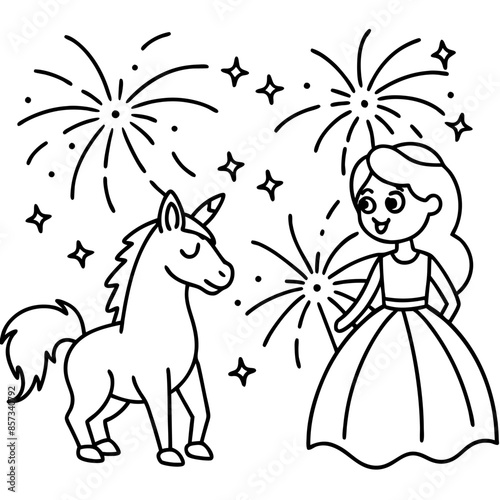 Cute princess cuddles with a unicorn. Coloring book page with colorful template for kids. Isolated illustration. For coloring book