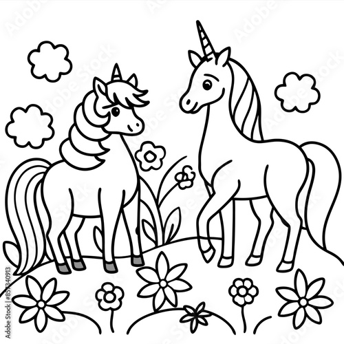 Cute princess cuddles with a unicorn. Coloring book page with colorful template for kids. Isolated illustration. For coloring book