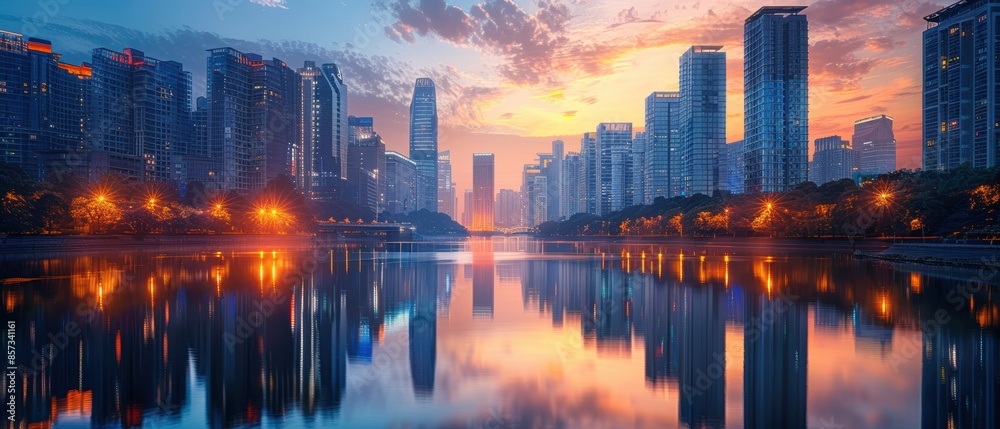 Modern skyscrapers reflecting in a calm river at dusk,