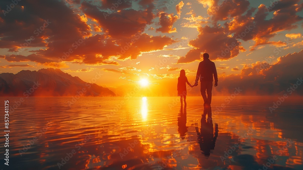 Fototapeta premium Father Holding Daughter's Hand on the Beach