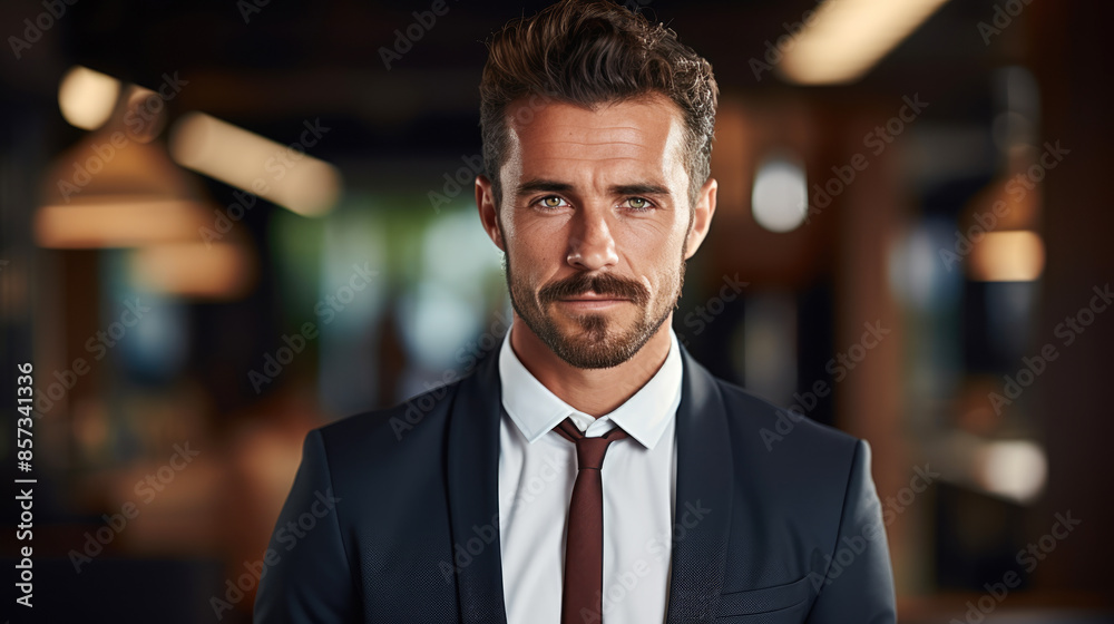 generated illustration of confident young businessman looking at camera standing in office.