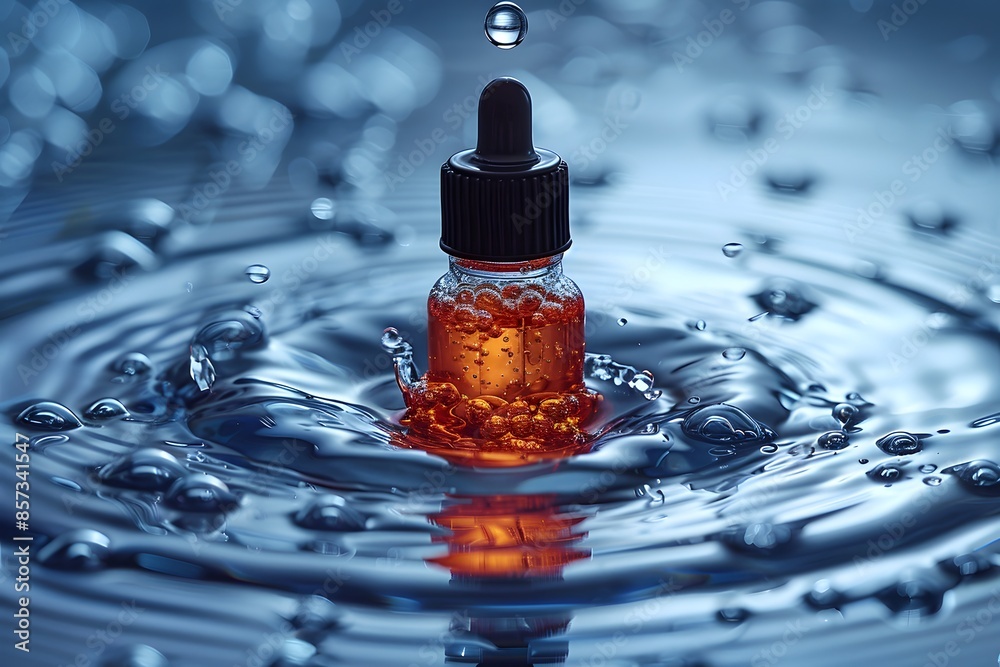 Close-Up of Dropper Bottle with Liquid Droplet in Water Ripple - Concept of Purity, Health, and Wellness Close-Up of Dropper Bottle with Liquid Droplet in Water Ripple - Concept of Purity, Health, and Wellness
