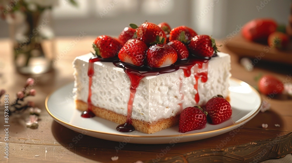 A slice of creamy cheesecake topped with fresh strawberries and a red glaze A slice of creamy cheesecake topped with fresh strawberries and a red glaze