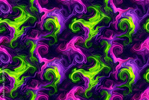 A vibrant seamless pattern with neon green and pink swirls on a dark background, ideal for eye-catching and energetic designs.