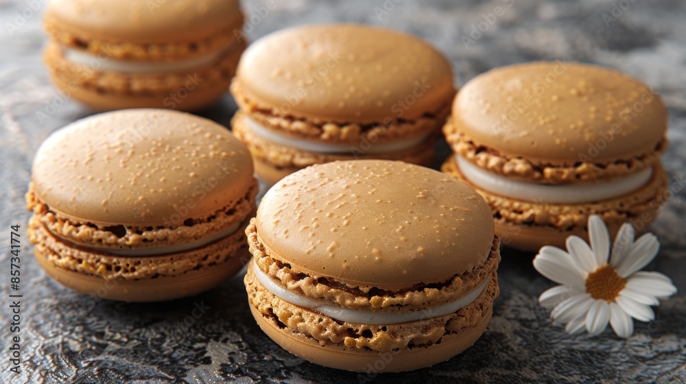 Close-up of caramel macarons with white filling Close-up of caramel macarons with white filling