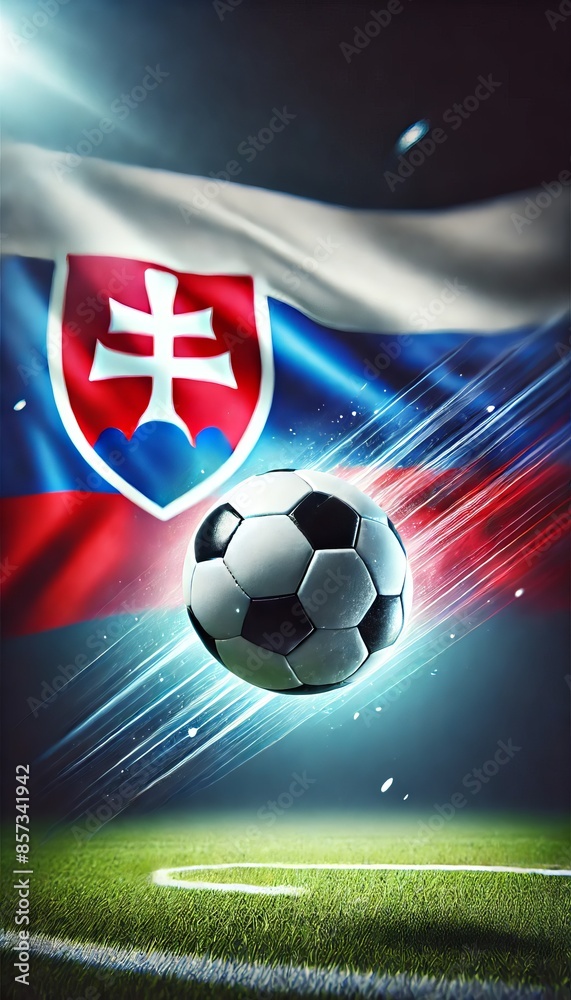 Naklejka premium A football in motion with the Slovakian flag in the background, featuring blue, white, and red colors. Football and national flag